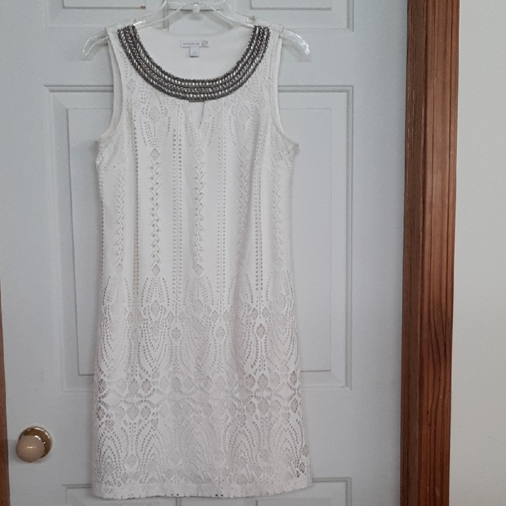 Westport White Lace Sleeveless Dress with Beaded Collar